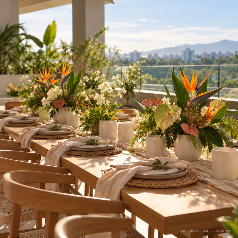 Imagen ilustrativa de una mesa para brunch con flores tropicales en una terraza.